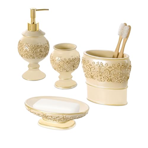 Creative Scents Shannon Beige Bathroom Accessories Set, 4-Piece Bathroom Set - Decorative Bathroom Accessory Set Features: Soap Dispenser, Toothbrush Holder, Tumbler and Soap Dish, Gift Packaged