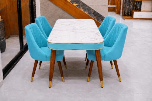 Image of WOODEN SPACE 4 Seater Wooden Dining Table Set | Urban Marble Top Dining Table with Chairs for Dining Room & Kitchen (Modern Frontline Sky Blue) (54 x 36 x 30 inch)