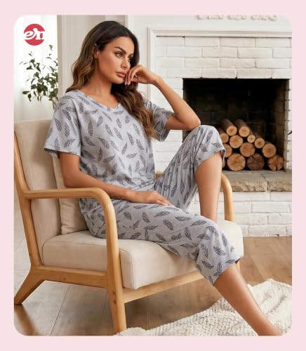 Image of ENJOYNIGHT Womens Pajama Sets Cotton Pj Set Short Sleeve Top With Capri Pants Sleepwear 2 Piece Lounge Set