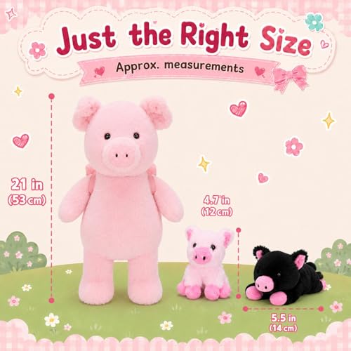 Image of Pig Stuffed Animal with 2 Babies and Backpack, 21 Inch Pink Plush