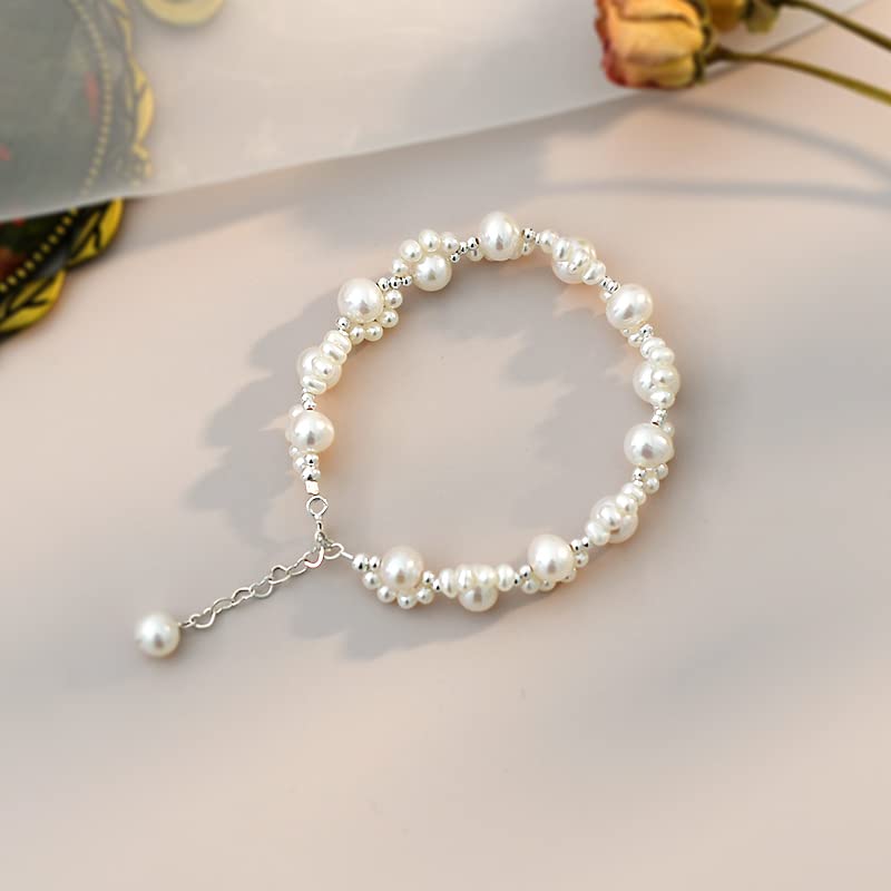 Braccialetto Intrecciato con Artigli di Gatti di Perle d'Acqua Dolce Naturali in Argento Sterling 925 per Regalo da Donna