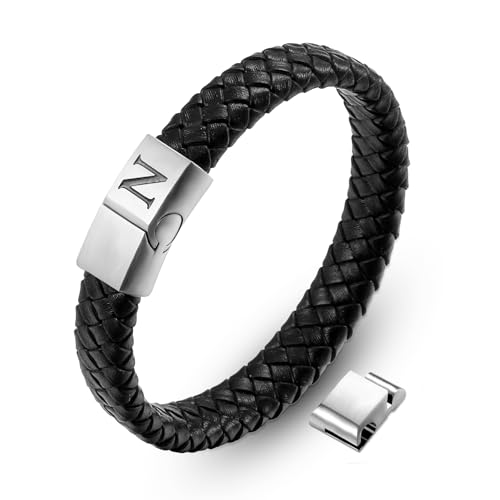 AFSTALR Bracelet Cuir Homme Noir avec Lettres Initiales Gravées N Gourmette Homme Personnalisable Bracelet Bijoux Fete des Peres pour Père Mari Papa