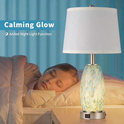 Glass Table Lamp for Bedroom & Bedside with 3-Way Lighting Modes & USB C+A - Coastal Modern Style Nightstand Lamp for Living Room & Bedroom Decoration (23.5" H) - Image 4