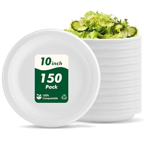 CELLURA 10 Inch 150 Pack Compostable Paper Plates Disposable Heavy-Duty Plates Biodegradable Sugarcane Fiber Paper Round White Plates Microwavable