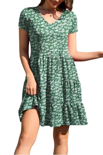 nclook Womens Summer Casual Dress Sweet Cute V Neck Mini Dress with Pocket Short Sleeve Floral Green