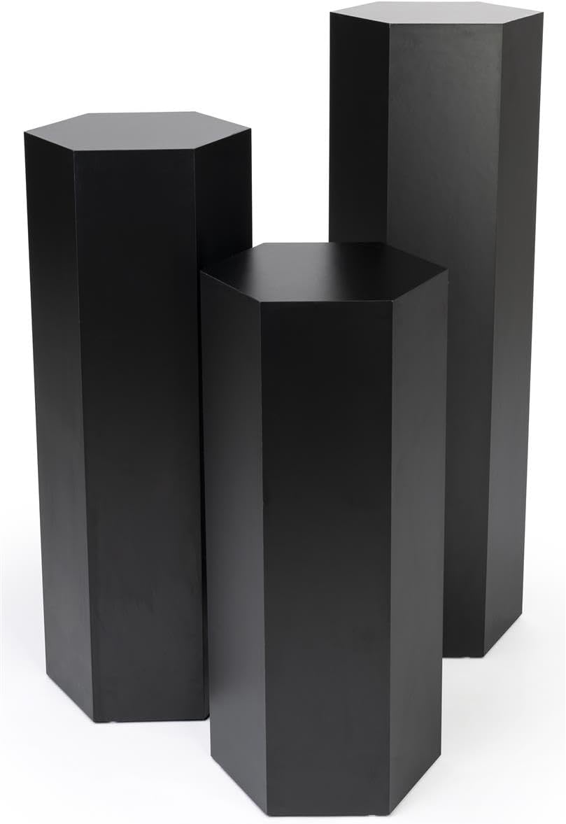 Displays2go Hexagon Museum Plinth Set with Scratch Resistant Rubber Feet (SMHEXPDTRIOBLK)