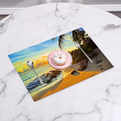 EYLOZS Tovagliette Lavabili,Set di 4 Tovagliette Colazione in PVC,Antiscivolo,Resistenti al Calore,per Tavolo da Cucina,Spiaggia, spiaggia tranquilla prima del tramonto, la luce dorata bacia,45x30cm