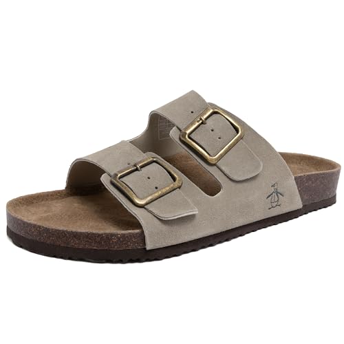 Original Penguin Sandália masculina de couro, ajustável, fivela dupla, confortável, calçado casual, cinza-acinzentado claro, 38