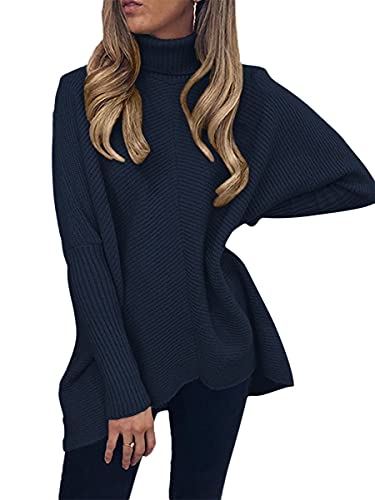 Image of ANRABESS Women's Sweaters Casual Long Sleeve Cowl Neck Solid Color Pullover Knit Sweater Tops A87zanglan-M Navy Blue