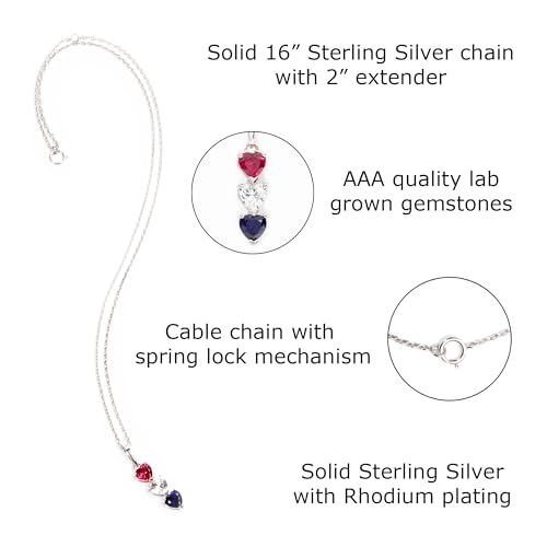 Silver Smile Sterling Silver 3 Birthstone Pendant for Women – Lab-Grown Ruby, White & Blue Gemstones – Hypoallergenic & Tarnish Resistant – 925 Rhodium-Plated Pendant – Elegant Patriotic Gift for Her2