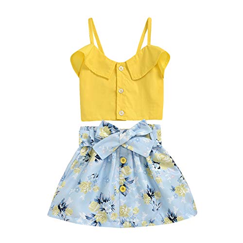 Baby Summer Clothes Girl Strap Vest Crop Top,Bow Knot Flower Print Summer Button Sundress Clothing Set (Yellow & Floral, 12-18 Months)