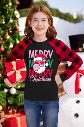 Image of BesserBay Girl's Christmas Buffalo Plaid Raglan Top Funny Holiday Graphic Shirt 4-14 Years