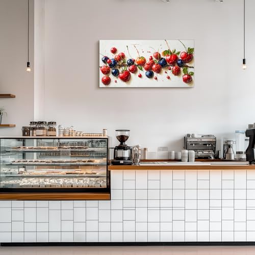 crmotu Still Life Fruit Wall Art, Rustic Kitchen Wall Decor Paintings, Fresh Cherry Strawberry Large Artwork, Modern Vibrant Pictures for Living Room Dining Room Restaurant Canvas Prints 20x40 Inch