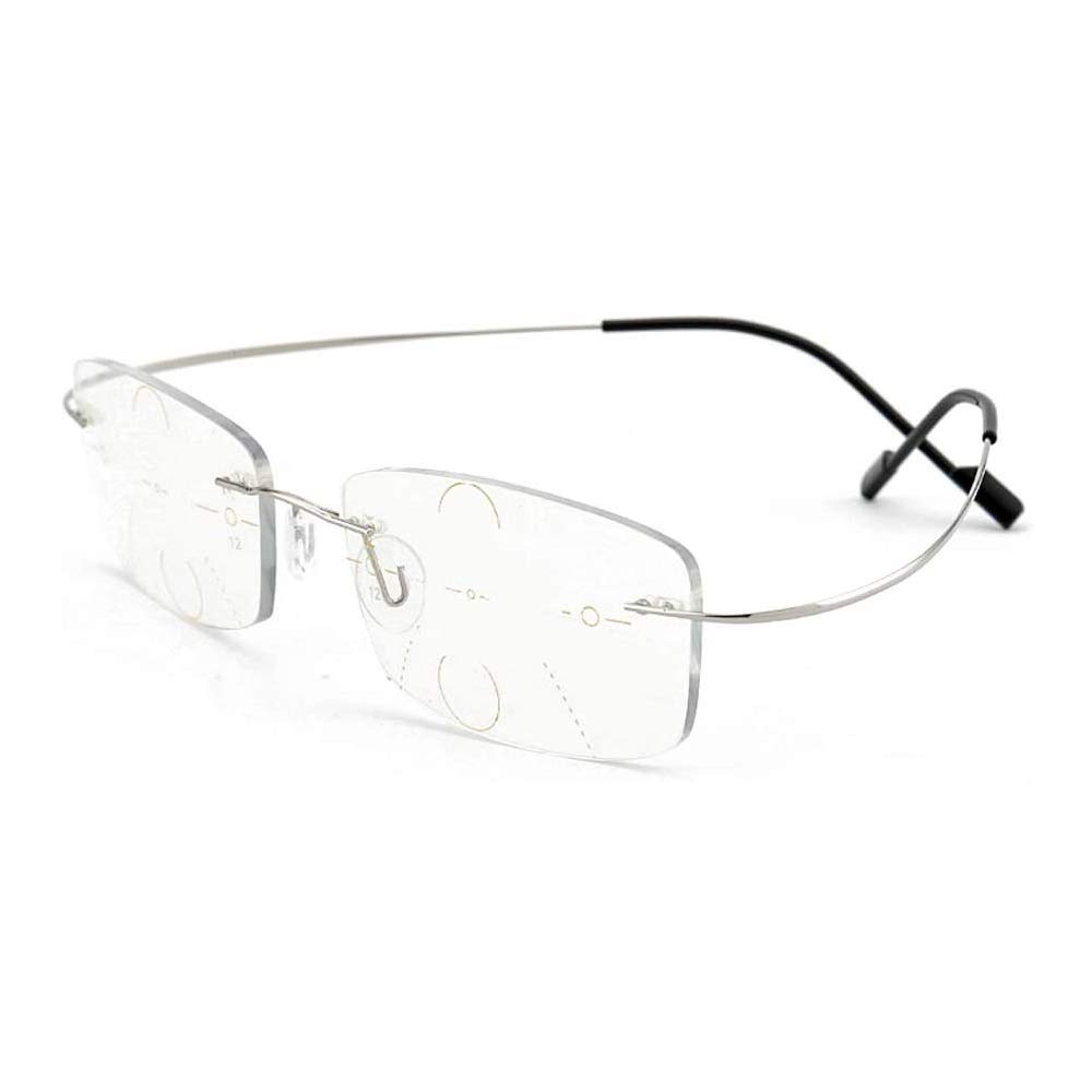 CAOXN Gafas De Lectura De Presbicia Multifocales Progresivas, Gafas De Luz Anti-Azul Flexibles De Titanio con Memoria Sin Marco para Hombres Y Mujeres,Plata,+1.50