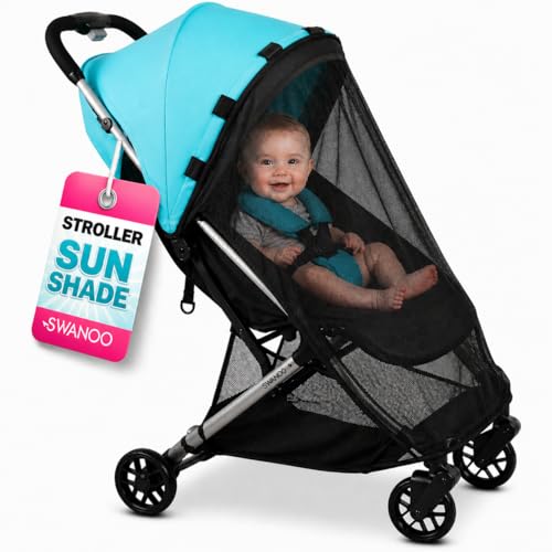 Swanoo Stroller Sun Shade Cover, Mosquito Net for Stroller Shade Extender with Magnetic Tabs Block 70% of UV Rays, Bug Net Sun Protection Baby Stroller Accessories Stroller Canopy