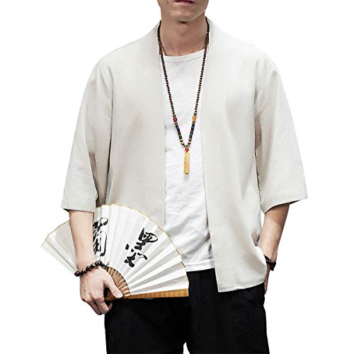 Image of PRIJOUHE Men's Kimono Jackets Cardigan Lightweight Casual Cotton Blends Linen Seven Sleeves Open Front Coat Outwear