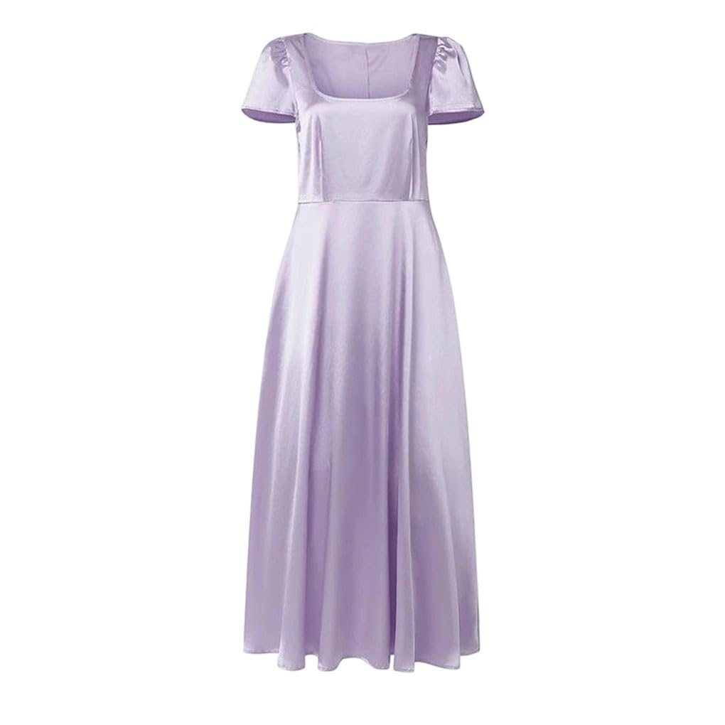 Vestido largo de satén para mujer, cintura alta, ajustado, manga corta, acampanado, vestido de fiesta