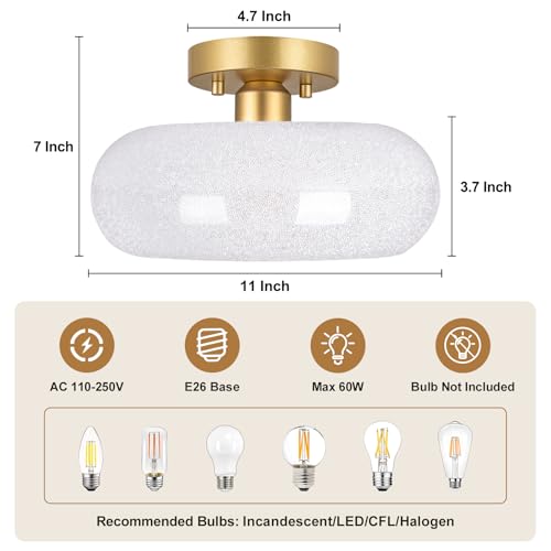 Zuyurt ZY3114GD28003 Gold Semi Flush Mount Ceiling Light, Mid-Century Modern Glass Hallway Light Fixture Ceiling Mount, Vintage Close To Ceiling Light Fixtures For Bedroom thumb #2