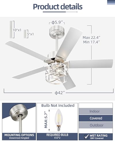 Image of YOUKAIN 42 Inch Ceiling Fans, Farmhouse Ceiling Fans with Lights and Remote, 5-Reversible Blades with Gray Oak /Brushed Nickel Finish, 42-YJ632-BNW