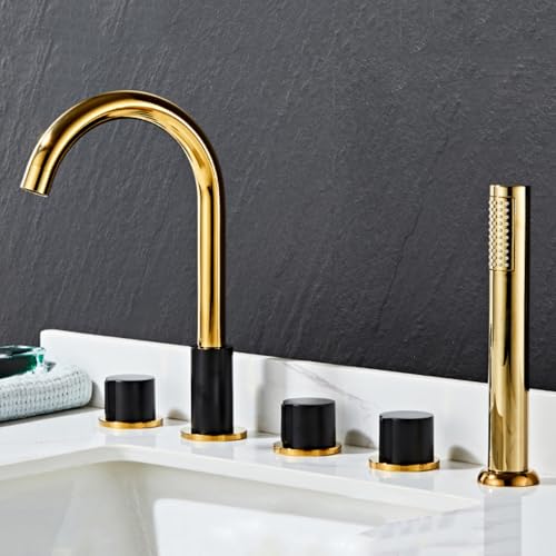 Juego de cabezal de ducha, toque de baño de 5 agujeros negros+toques de baño dorados con ducha 360 grifo giratorio Taps de doble baño palancas de palanca de palanca con ducha, negro+dorado Aqiong