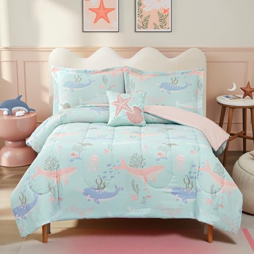 Glow in The Dark Kids Comforter Set Full Size for Girls, Ocean Animals Bedding Set 1 Comforter, 1 Decor Pillow, 2 Pillow Shams