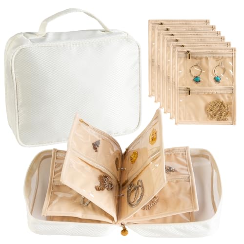Travel Jewelry Organizer Case with Multiple Clear Zipper Pockets - Ring Binder Style Storage Bag for Necklaces, Earrings, Rings, Bracelets, Ideal for Gifts & Travel(beige)