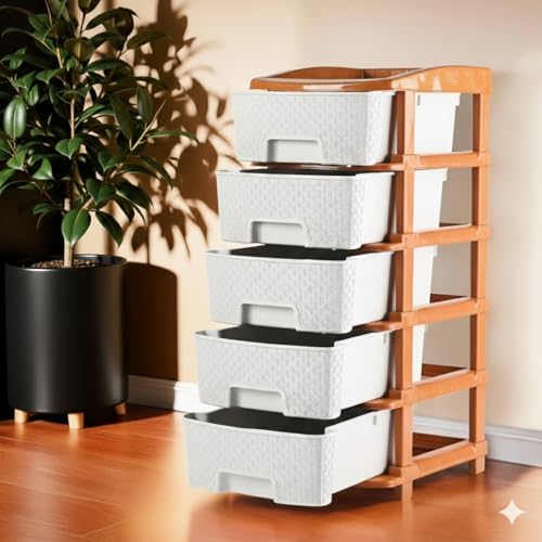 Image of HORPIN 5-Layer & Plastic Drawer Storage Organiser | Modular Kitchen & Toy Organizer For Kids Room | Home, Office, Parlor, School, Doctors, Home And Kids | Brown & White (5XL Set)