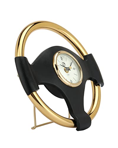 Image of Decor de Maison Brings Handcrafted Wheel Steel Table Clock for Home, Room, Office, Shelves | Classic Non-Ticking Tabletop Battery Operated Analog Desk Clock in Gold Ring & Black Body (26x3x3cm)
