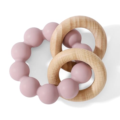 Image of Socub Baby Teething Toys for 0-6 6-12 Months- BPA-Free Food-Grade Silicone & Natural Beech Wood Teether Ring for Newborn Infants Teething Relief- Easy-Grip Sensory Rattle Toys(Dusty Lilac)