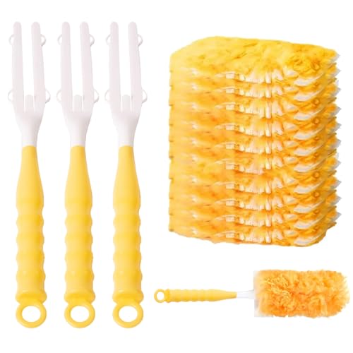 CHAOTEMAI 3 Pièces Poignée Plumeau + 10 Pièces Recharge Plumeau Anti-Poussière Plumeaus Poussiere Amovible Plumeaux Tête Plate Convient aux Sols Murs Carrelés Plafonds Canapés Armoires