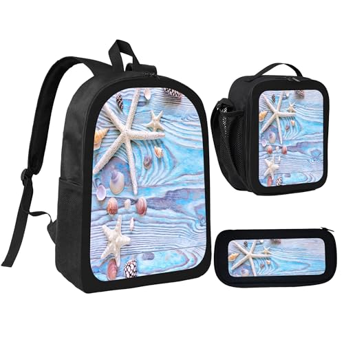 Starfish Shell Abstract 3 Pcs 17 Inches Backpack Set with Insulated Lunch Bag And Pencil Pouch Large Back Pack for Men Women Lunchbox Pencil Case Waterproof Backpacks Lunch Box 3 Piece Daypacks