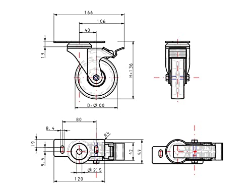 Roulette pivotante 100 mm 40/45 TPE avec plaque de fixation et frein