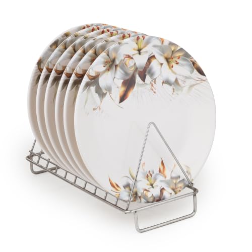 Image of Golden Fish Melamine Round Dinner Plate Set of 6 | Grey Floral Print | Unbreakable, Dishwasher & Microwave Safe