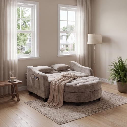 Image of ERYE Chenille Tufted Loveseat Sofa and Ottoman Set, Tufted Recliner Sleeper Chaise Lounge with Curved Storage Ottoman,Reclining Backrest and Side Pockets, 4 Pillows