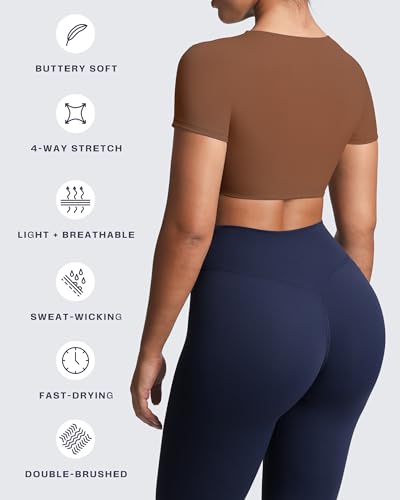 Image of Aoxjox Short Sleeve Crop Tops for Women Sienna Twist Deep V Workout Cropped T Shirt Top