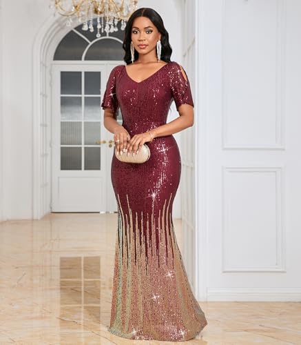 Image of Cololura Women Sexy Elegant Sequin Short Sleeve Party Bodycon Maxi Dress Cocktail Evening Gown Formal Dresses
