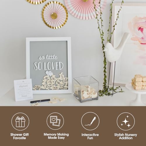 Image of Pearhead So Little So Loved Wooden Elephant Token Frame, Baby Shower Signature Guest Book Alternative with 65 Wooden Tokens, Gender-Neutral Nursery Keepsake Decor, Gray and White