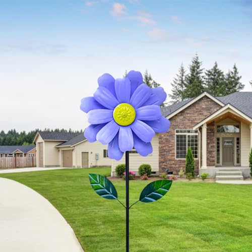 Image of JOYWU Metal Sunflower Wind Spinner,116cm Tall Double Layer Sun Flower Windmill with Green Leaves and Stake,360° Rotating Sunflower Decor Wind Pinwheel Sculpture for Garden Yard Lawn Decor (Blue)