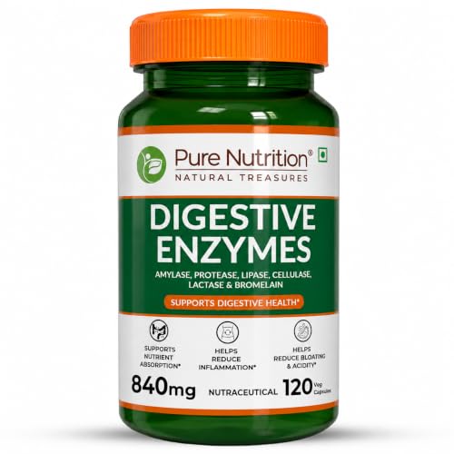 Image of Pure Nutrition Digestive Enzymes 840mg with Bromelain - 120 Veg Capsules | Supports Digestion, Nutrient Absorption & Gut Health | Blend of Amylase, Lipase, Protease, Cellulase | Eases Gas & Bloating