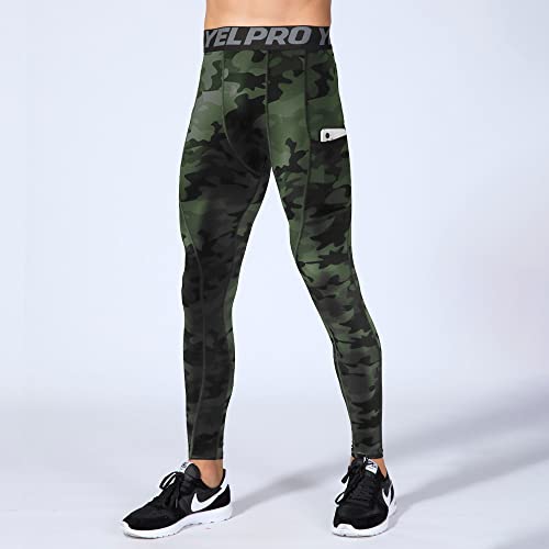 Eargfm Men's Compression Workout Gym Pockets Running Baselayer Pants, Camo Green, X-Large #TOP1