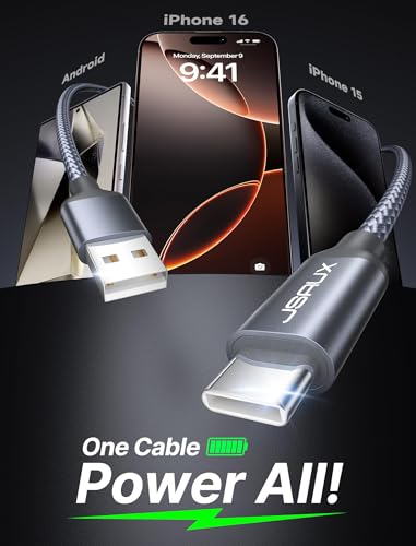 Image of JSAUX USB A to USB C Cable [5-Pack, 3.3FT], USB to Type C Charger Cord Fast Charging Compatible with iPhone 16 /15 Series, Galaxy S20 /S10 /S10+ /S9, Note 20 /10, Moto G, LG - Grey