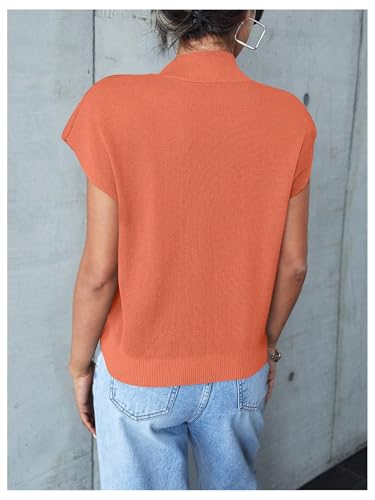 Image of OYOANGLE Women's Mock Neck Cap Sleeve Ribbed Knit Sweater Top Pullover Casual Office Shirts Orange X-Small