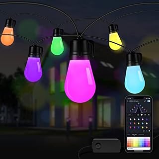 ASAHOM 48FT Smart RGB Outdoor String Lights, IP65 Waterproof Programmable LED Patio Lights, Fast Bluetooth APP Control & Wired ON/Off Button Control, 40 Preset Scenes for Garden Bistro Backyard Party