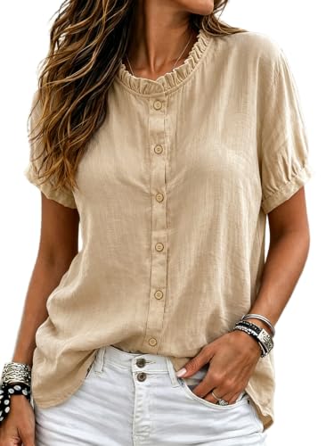 Beige Linen Tops for Women Linen Button Down Shirt Cotton Tops Blouses