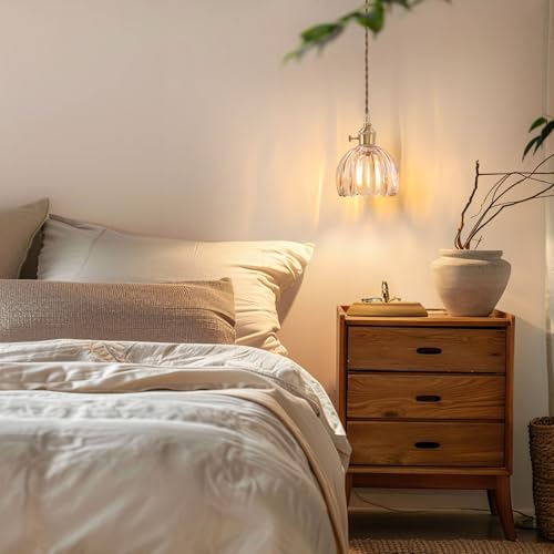 Image of Shenmoyl Pendant Light with Amber Tulip Glass Lmapshade, Brass Vintage Pendant Light Adjustable Hanging Light for Kitchen Island Dining Room Hallway