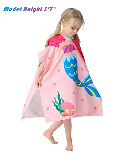 Image of Pink Mermaid Hooded Beach Towel Poncho for Kid Girls Toddlers Bath Pool Swim Poncho Cover-ups Swimwear Soft Lightweight Microfiber