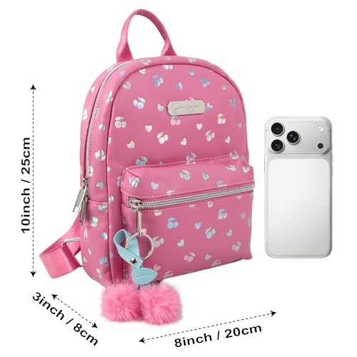 Image of Jessica Simpson Women's Mini Backpack, 10 Inch Vinyl Handbag Purse with Plush Keychain for Travel, Commute, Party, Festival (Pink Metallic Hearts & Cherries)