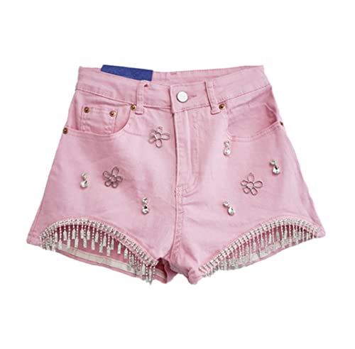 Short d'été rose pour femme à taille haute élastique et détails pompons