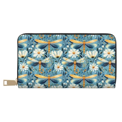 Flower Dragonfly Elegant Print Wallet Women Men, Long PU Leather Wallets for Women, Cute Womens Travel Wallet Purse Pouch with Zipper Pocket
