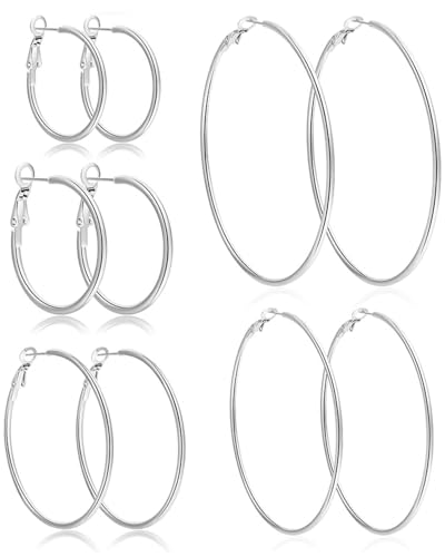 HUVZOR 5 Pares de Pendientes de Aro de Acero Inoxidable para Mujer - Grandes, Plata,3 cm/4 cm/5 cm/6 cm/7 cm